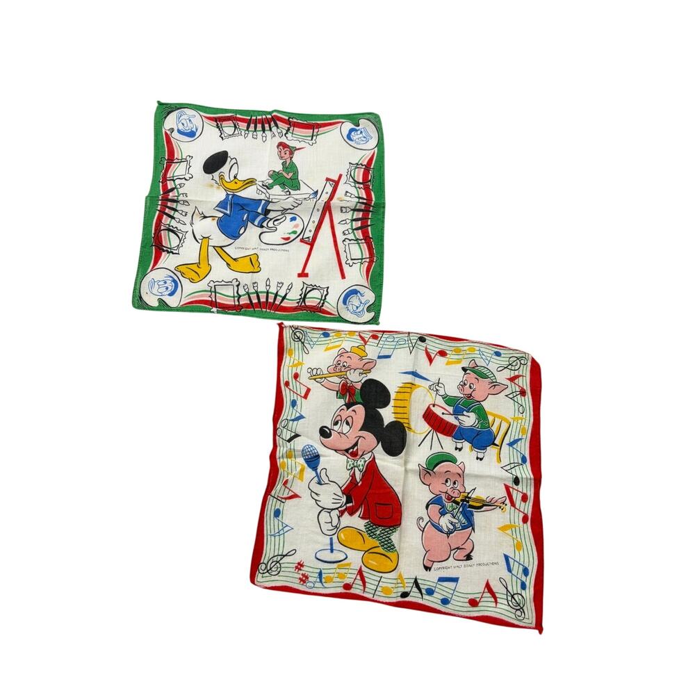 VTG Disney handkerchiefs - 2. 1950s. Mickey & 3 pigs, Donald Duck, Peter Pan
